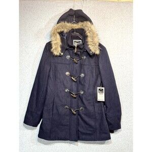 Alpine Swiss Duffy Wool Coat Women's M Navy Faux Fur Trim Hooded Toggle‎ Button